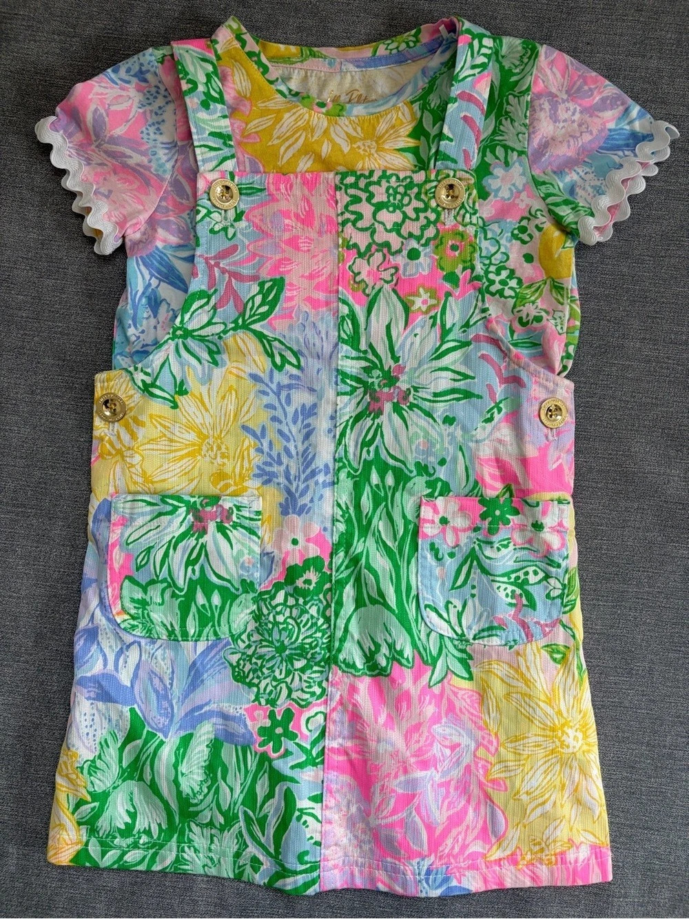 Lilly Pulitzer Girls Varney Overall Dress Pink & Green Girls 5